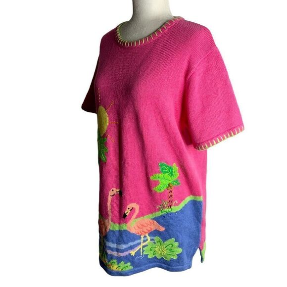 Vintage Quacker Factory Flamingo Sweater L Pink Beaded Short Sleeve Tunic - Picture 4 of 7